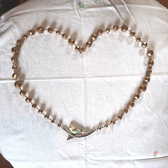 Bluebird on Branch Pendant Gold Tone Bead Necklace - Picture 2 of 3